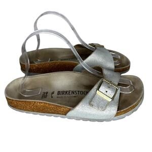 Birkenstock Madrid Metallic Silver Leather Big Buckle Sandals Slip On Size 8